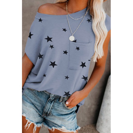 Grey Crew Neck Star Print T-shirt with Pocket