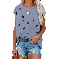 Grey Crew Neck Star Print T-shirt with Pocket