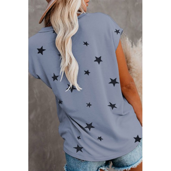 Grey Crew Neck Star Print T-shirt with Pocket