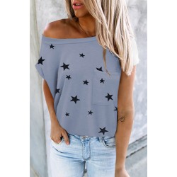 Grey Crew Neck Star Print T-shirt with Pocket