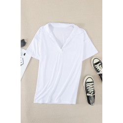 White Collared V Neck Drop Sleeves T-shirt