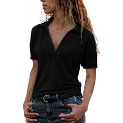 Black Collared V Neck Drop Sleeves T-shirt