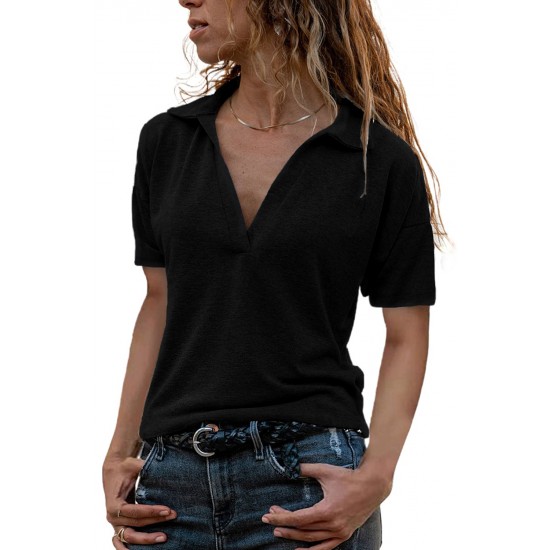 Black Collared V Neck Drop Sleeves T-shirt