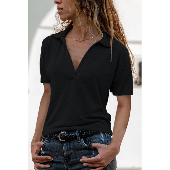 Black Collared V Neck Drop Sleeves T-shirt