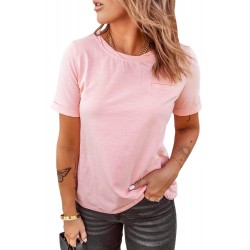 Pink Solid Color Rolled Short Sleeve T Shirt