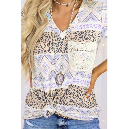 Purple Leopard Printed V-Neck Lace Pocket Tee