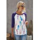 Purple Feather Print three quarter Sleeve Top