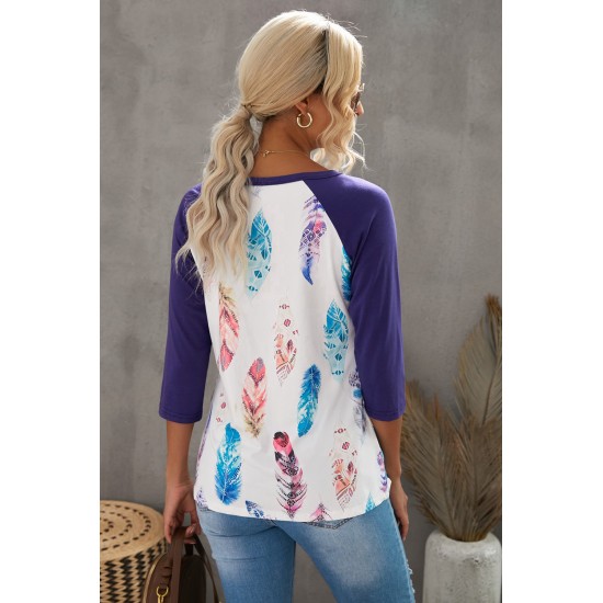 Purple Feather Print three quarter Sleeve Top