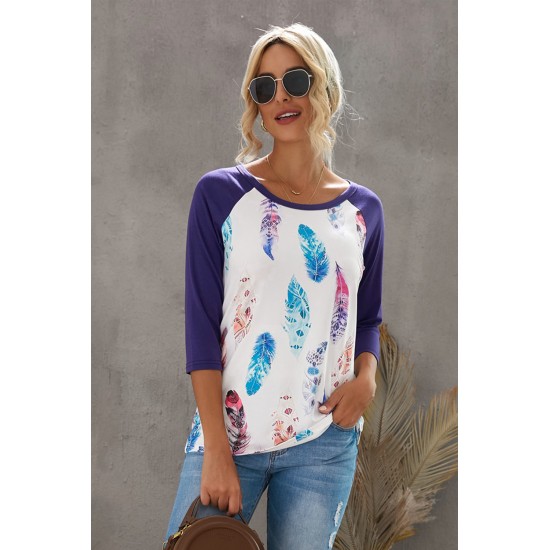 Purple Feather Print three quarter Sleeve Top