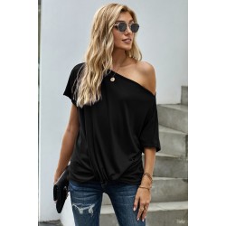 Black Off-The-Shoulder Slash Neck Casual Loose Fitting Top