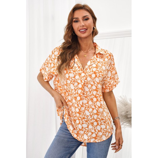 White Print V Neck Drape Front Blouse