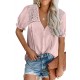 Pink V Neck Lace Crochet Short Sleeve Shirt