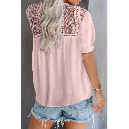 Pink V Neck Lace Crochet Short Sleeve Shirt