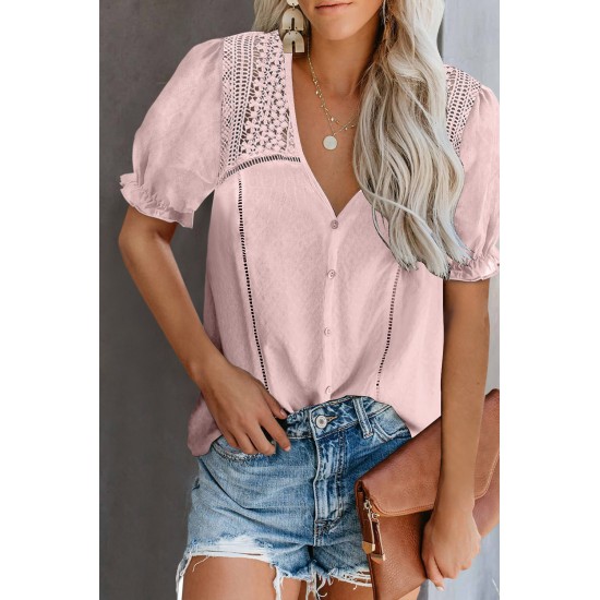 Pink V Neck Lace Crochet Short Sleeve Shirt