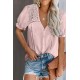 Pink V Neck Lace Crochet Short Sleeve Shirt