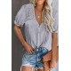 Gray V Neck Lace Crochet Short Sleeve Shirt