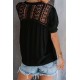 Black V Neck Lace Crochet Short Sleeve Shirt