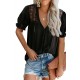 Black V Neck Lace Crochet Short Sleeve Shirt