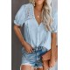 Sky Blue V Neck Lace Crochet Short Sleeve Shirt