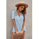 Sky Blue V Neck Lace Crochet Short Sleeve Shirt