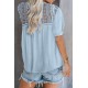 Sky Blue V Neck Lace Crochet Short Sleeve Shirt