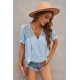 Sky Blue V Neck Lace Crochet Short Sleeve Shirt