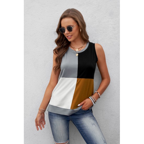 Brown Crew Neck Color Block Tank